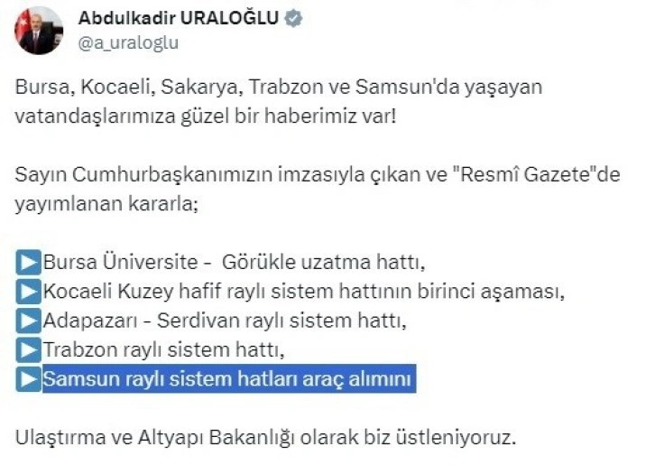 Bakan Uraloğlu: “Samsun raylı sistem hattı araç alımını biz üstleniyoruz”