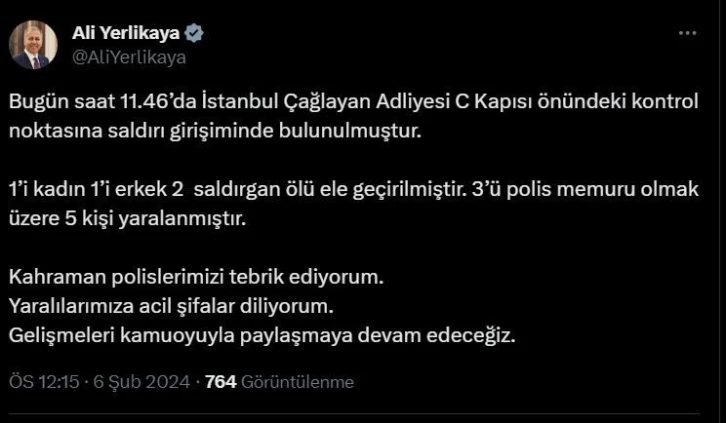 Bakan Yerlikaya, Çağlayan Adliyesine saldırıda bulunan 2 kişinin ölü ele geçirildiğini bildirdi
