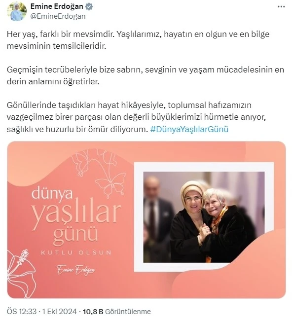 Emine Erdoğan’dan "Dünya Yaşlılar Günü" mesajı
