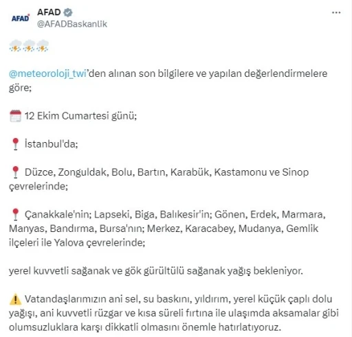 AFAD’dan 12 il için sağanak yağış uyarısı
