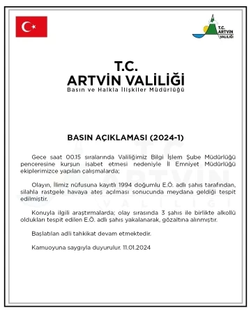 Artvin’de Valilik binasına isabet eden mermiyle ilgili 1 kişi gözaltına alındı
